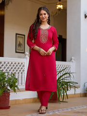 Neck Zari Embroidered Cotton Blend Kurta With Pants & Dupatta