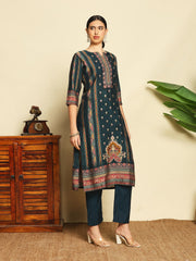 Printed Cotton Blend Peacock Blue Suit With Pant & Dupatta