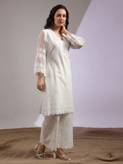 Lace Neck Cotton Blend Kurta With Pants