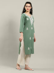 Neck Embroidered Cotton Blend Kurta With Pants