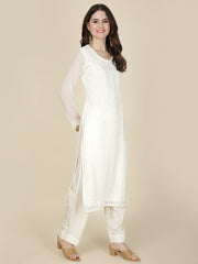 Resham Embroidered Georgette Kurta With Pants & Dupatta