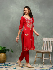 Resham Work Art Silk Kurta With Pants & Dupatta