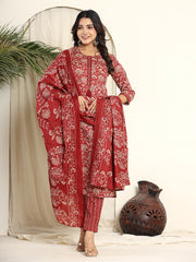 Printed Cotton Blend Kurta With Pants & Dupatta