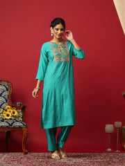 Printed Muslin Lake Blue Kurta With Pant & Dupatta