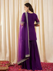 Embroidered Georgette Kurta With Sharara & Dupatta