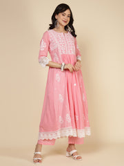 Embroidered Cotton Blend Kurta With Pants & Dupatta