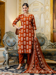 Printed Cotton Blend Kurta With Pant & Dupatta