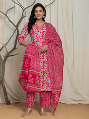 Printed Cotton Blend Kurta With Pants & Dupatta