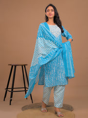 Printed Cotton Blend Kurta With Pants & Dupatta