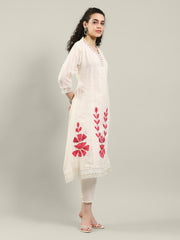 Neck Embroidered Cotton Blend Kurta With Pants & Dupatta
