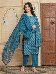 Embroidered Cotton Blend Kurta With Pant & Dupatta
