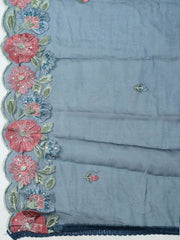 Embroidered Chanderi Blue Unstitched Suit With Pant & Dupatta