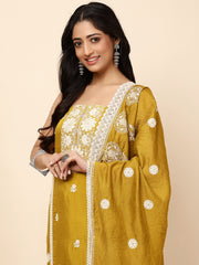 Thread Embroidery Cotton Blend Unstitched Suit With Dupatta