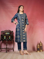 Printed Cotton Blend Kurta With Pants & Dupatta