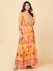 Floral Printed Flared Mustard Muslin Kurta