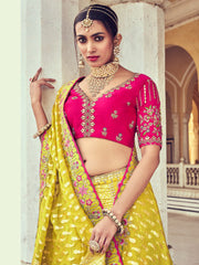 Embroidered Banarasi Unstitched Choli With Lehenga & Dupatta