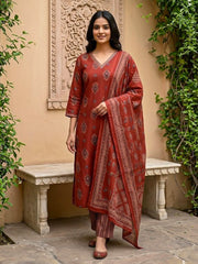 Printed Cotton Blend Kurta With Pant & Dupatta