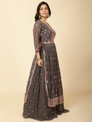 Resham Sequence Embroidered Georgette Kurta With Skirt & Dupatta