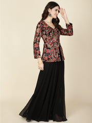 Resham Embroidered Georgette Jacket Style Top With Sharara & Dupatta