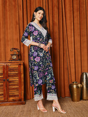 Floral Parinted Cotton Blend Kurta With Pants & Dupatta
