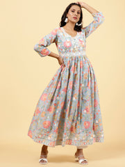 Floral Printed & Neck Embroidered Cotton Kurta