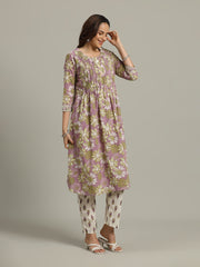 Floral Printed Cotton Blend Anarkali Kurta With Pants & Dupatta
