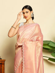 Embroidered Tissue Pink Saree