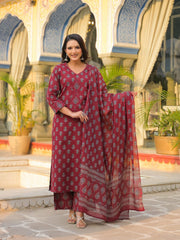 Printed Cotton Kurta With Pant & Dupatta