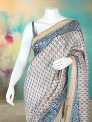 Printed Tussar Blue Beige Saree