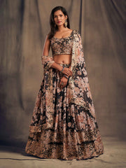 Printed Organza Unstitched Choli With Lehenga & Dupatta