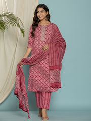 Printed Cotton Blend Kurta With Pants & Dupatta