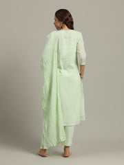 Thread Hand Embroidery Cotton Mulmul Kurta With Pants & Dupatta