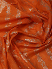 Embroidered Chanderi Cream-Orange Unstitched Suit With Pant & Dupatta