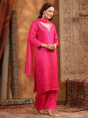 Neck Embroidered Art Silk Kurta With Pants & Dupatta
