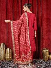 Printed Cotton Blend Kurta With Pants & Dupatta