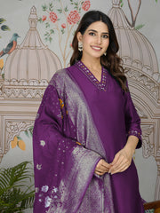 Embroidered Tissue Kurta With Pants & Dupatta