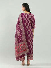 Printed Cotton Blend Kurta With Pants & Dupatta