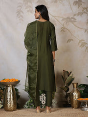 Embroidered Cotton Blend Kurta With Pants & Dupatta