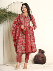Printed Cotton Blend Kurta With Pants & Dupatta