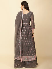 Resham Sequence Embroidered Georgette Kurta With Skirt & Dupatta