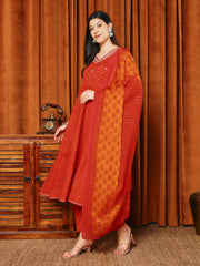 Printed Cotton Blend Kurta With Pants & Dupatta