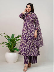 Floral Parinted Cotton Kurta With Pants & Dupatta