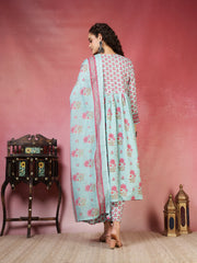 Printed Cotton Blend Kurta With Pants & Dupatta
