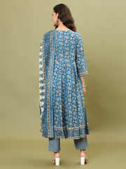 Floral Printed Cotton Blend Blue Suit With Pant & Dupatta