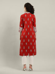 Printed Neck Embroidered Cotton Blend Kurta