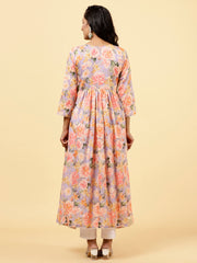 Floral Printed & Neck Embroidered Cotton Kurta
