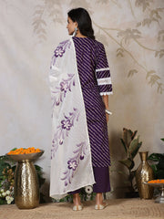 Printed Cotton Blend Kurta With Pants & Dupatta