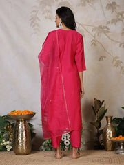 Embroidered Cotton Blend Kurta With Pants & Dupatta