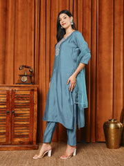 Embroidered Muslin Kurta With Pants & Dupatta