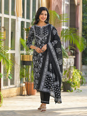 Printed Cotton Blend Kurta With Pants & Dupatta